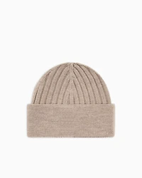 Emporio Armani - Ribbed wool beanie with EA signature embroidery, Woman, Beige, Size: