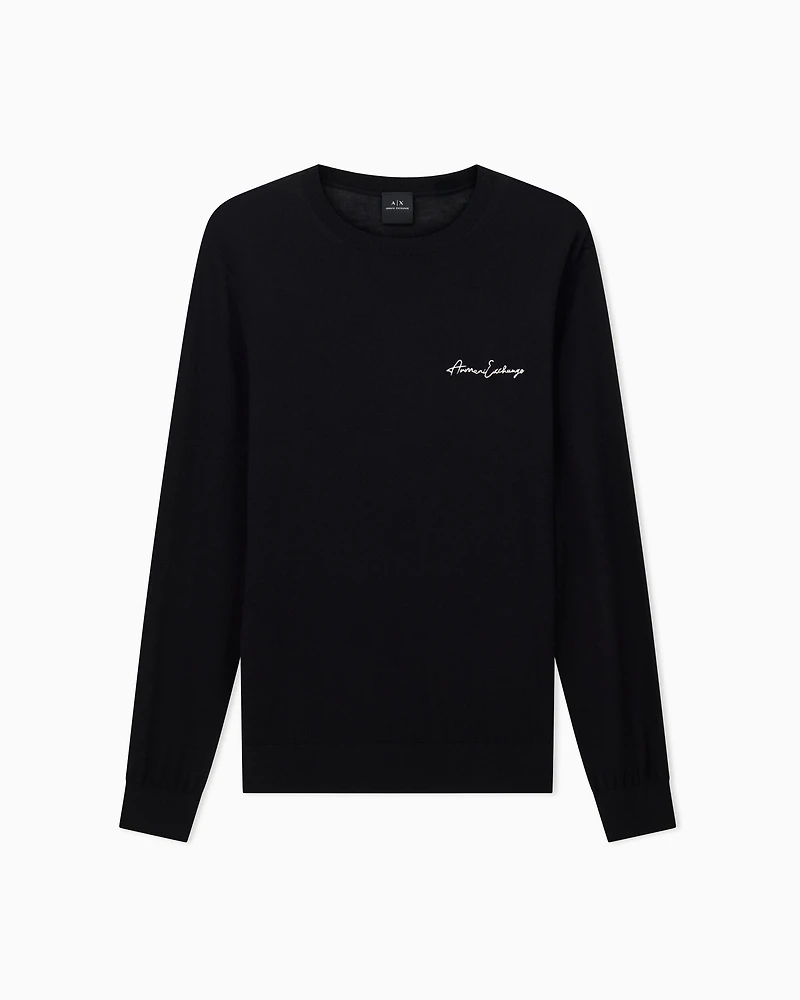 Armani Exchange - Wool blend crew neck sweater with chest logo, Man, Black, Size: