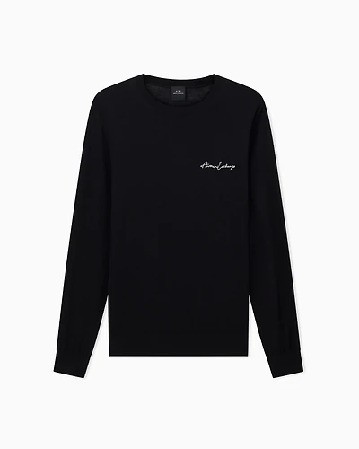 Armani Exchange - Wool blend crew neck sweater with chest logo, Man, Black, Size: