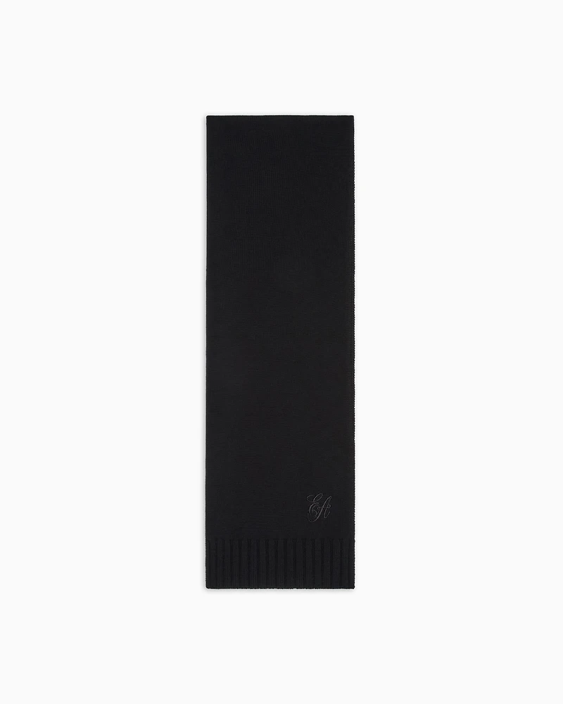 Emporio Armani - Wool scarf with EA signature logo embroidery, Woman, Black, Size: TU