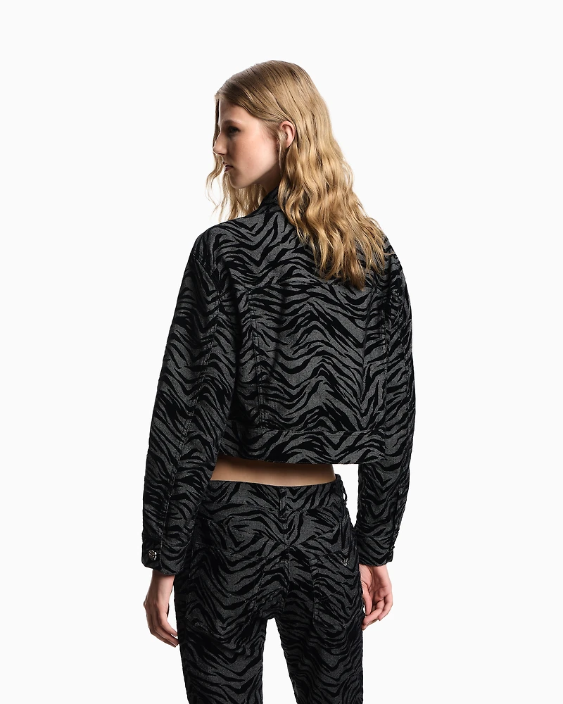 Emporio Armani - Garment-dyed drill jacket with flocked animal print, Woman, Black, Size: