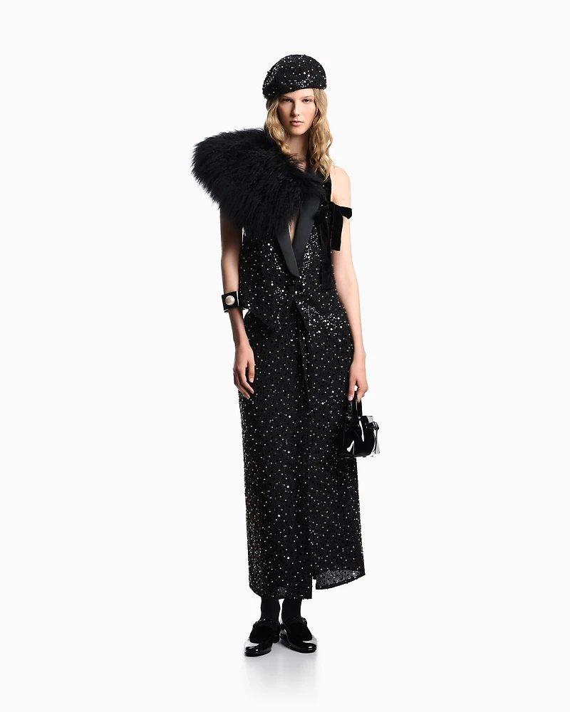 Emporio Armani - Georgette skirt with all-over beads and sequins, Woman, Black, Size: