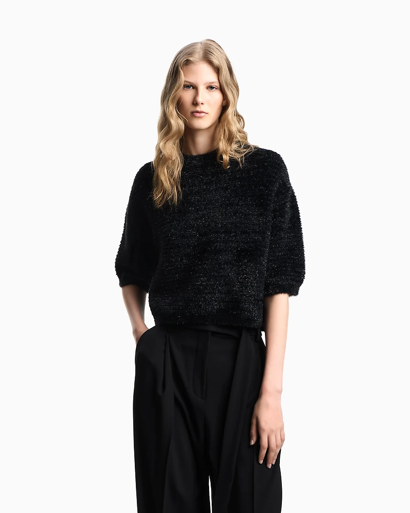 Emporio Armani - Short-sleeved jumper a lurex links-stitch knit, Woman, Black, Size: