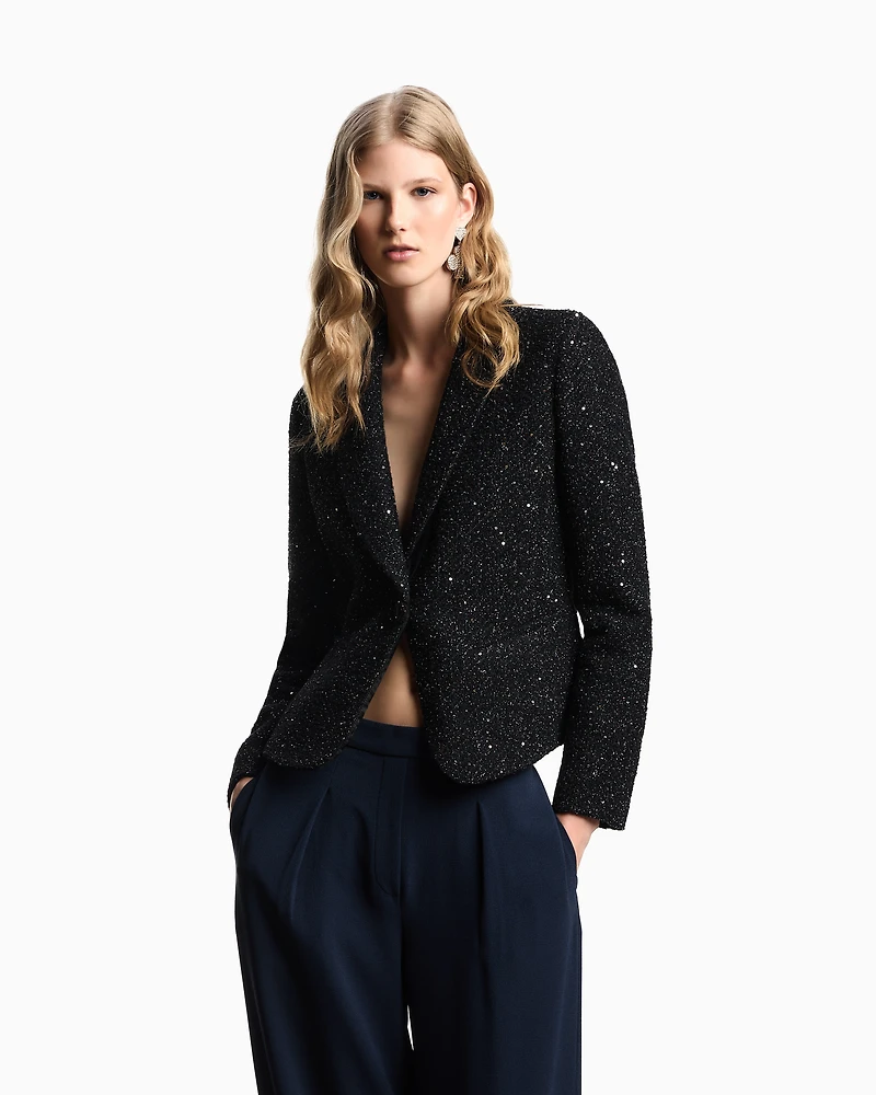 Emporio Armani - Single-breasted jacket lurex bouclé fabric with sequins, Woman, Black, Size: