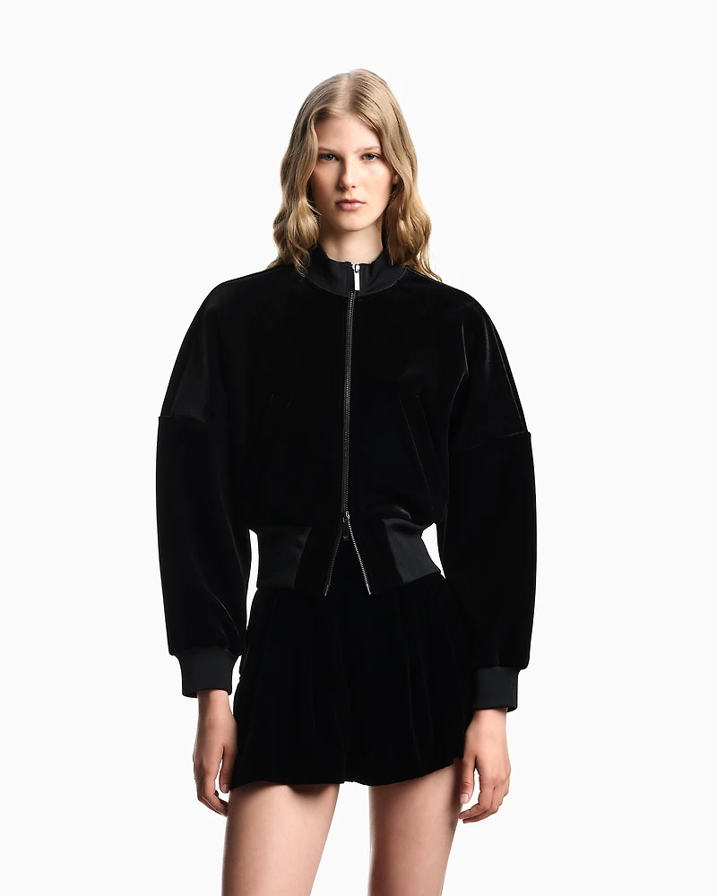 Emporio Armani - Chenille jersey bomber jacket with Jeu de Cartes embroidery, Woman, Black, Size: