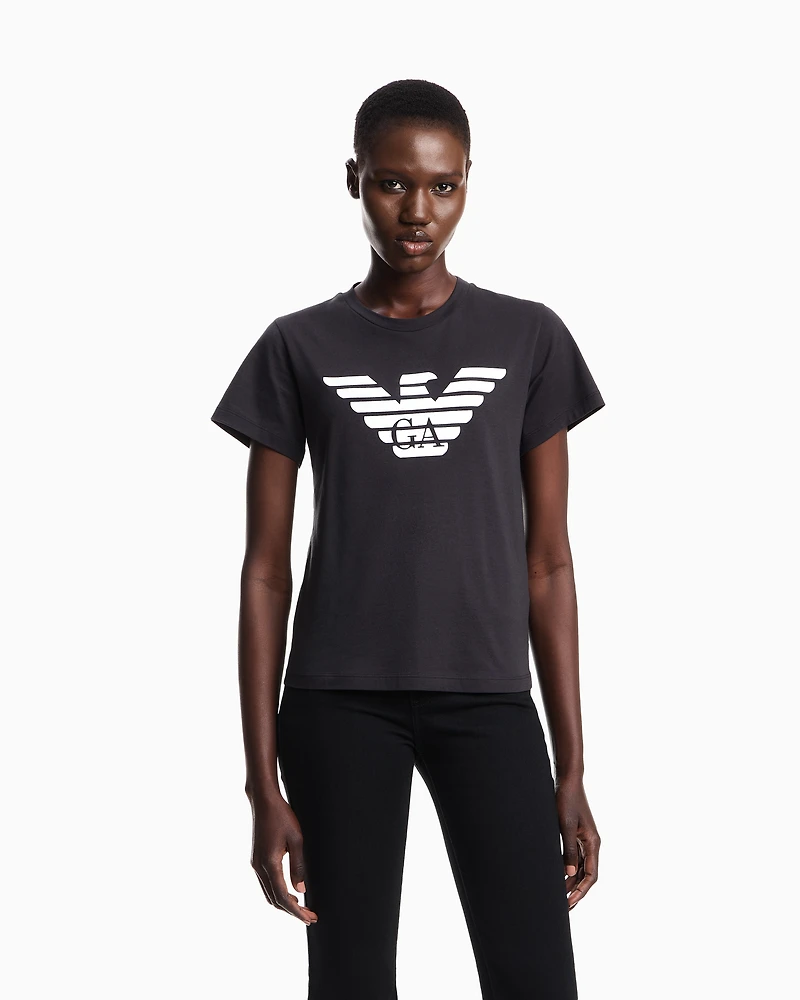 Emporio Armani - ASV organic-jersey T-shirt with logo print, Woman, Navy Blue, Size: