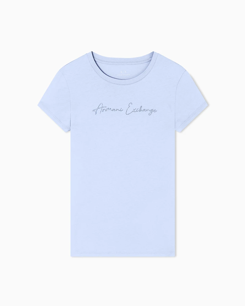 Armani Exchange - Slim fit T-shirt with glitter logo, Woman, Light Blue, Size: