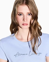 Armani Exchange - Slim fit T-shirt with glitter logo, Woman, Light Blue, Size: