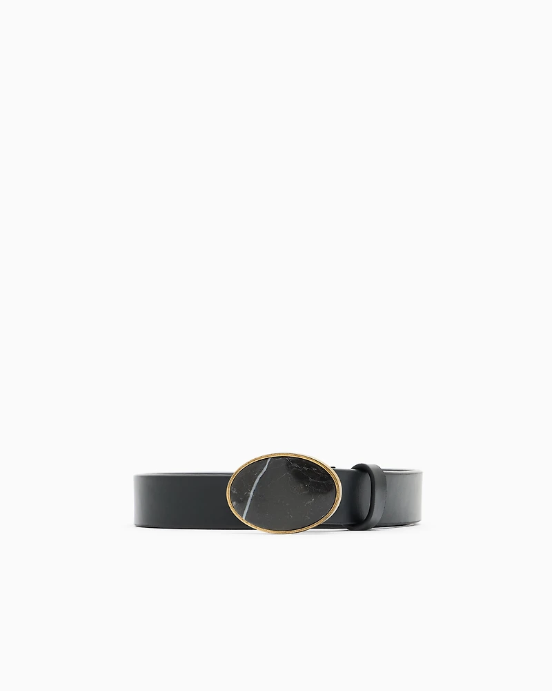 Emporio Armani - Leather belt with marble-effect plate, Man, Black, Size: