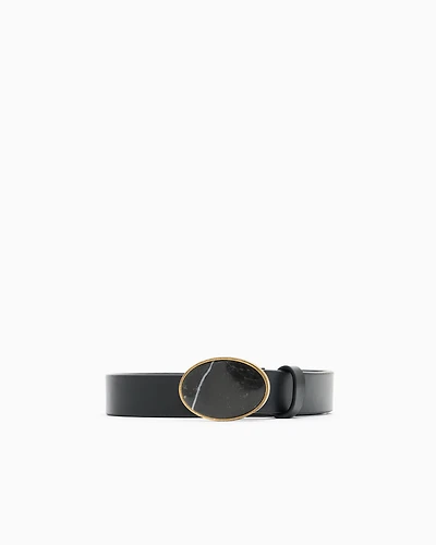 Emporio Armani - Leather belt with marble-effect plate, Man, Black, Size:
