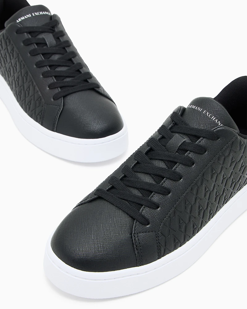 Armani Exchange - Lace-up sneakers with allover embossed logo, Man, Black, Size: