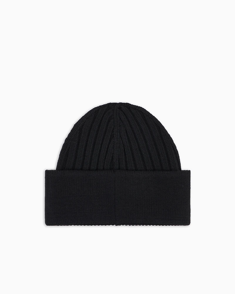 Emporio Armani - Ribbed wool beanie with EA signature embroidery, Woman, Black, Size:
