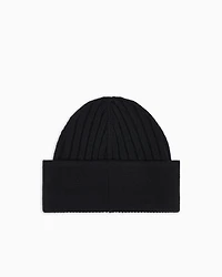 Emporio Armani - Ribbed wool beanie with EA signature embroidery, Woman, Black, Size: