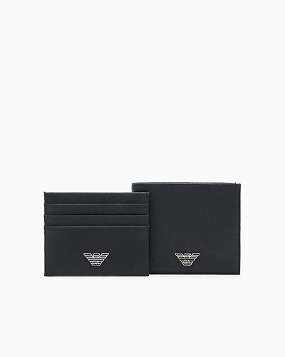 Emporio Armani - ASV gift box containing regenerated Saffiano leather wallet and card holder with eagle plate, Man, Black, Size: TU