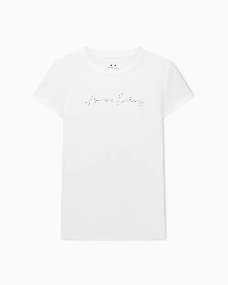 Armani Exchange - Slim fit T-shirt with glitter logo, Woman, White, Size: