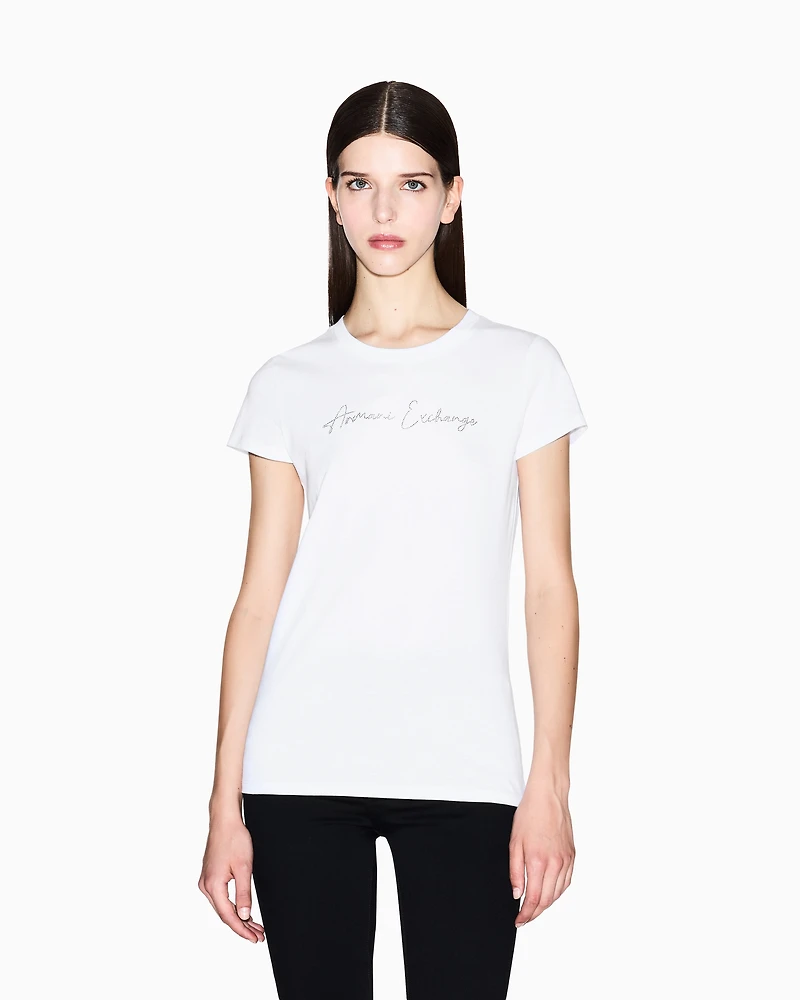 Armani Exchange - Slim fit T-shirt with glitter logo, Woman, White, Size: