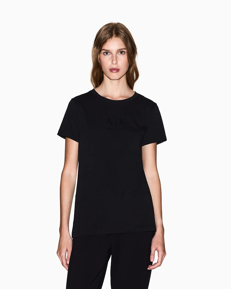 Armani Exchange - Regular fit T-shirt with glitter logo, Woman, Black, Size: