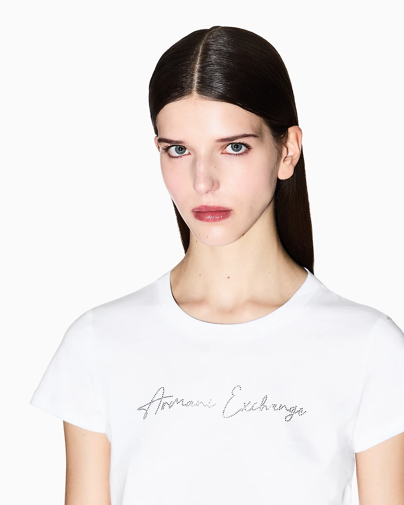 Armani Exchange - Slim fit T-shirt with glitter logo, Woman, White, Size: