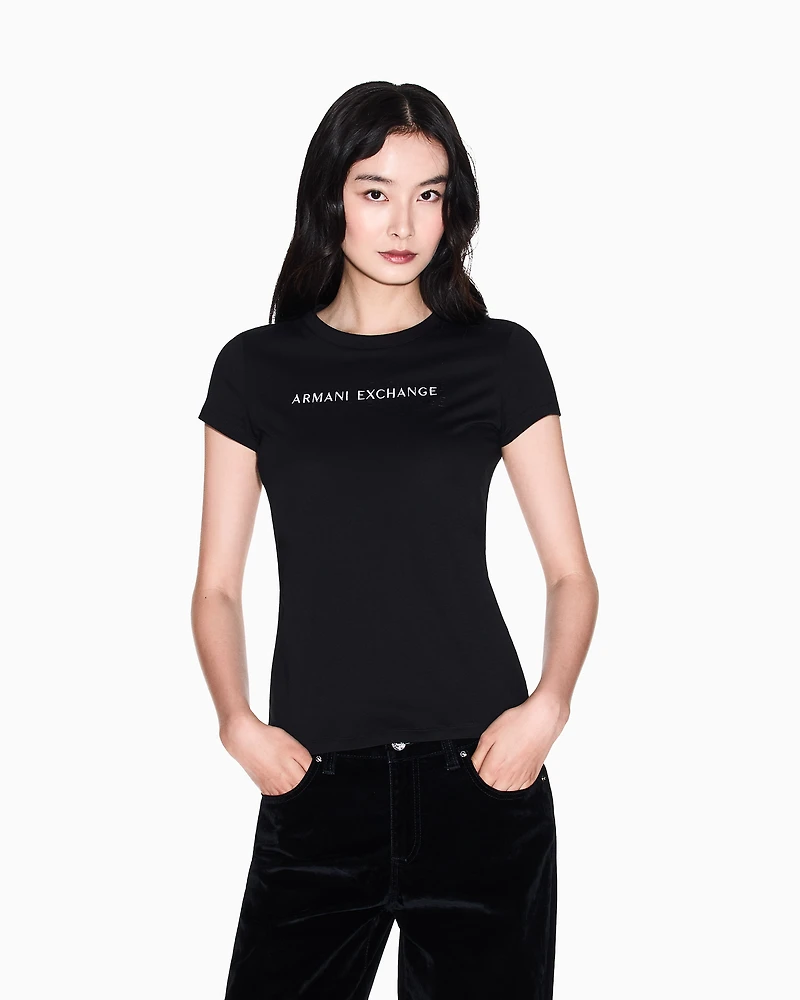 Armani Exchange - Slim fit T-shirt with logo lettering, Woman, Black, Size: