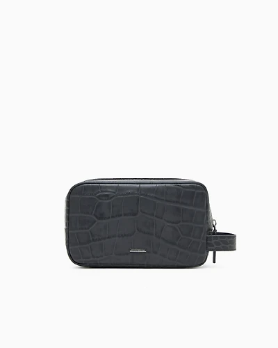Emporio Armani - Crocodile-embossed leather washbag, Man, Black, Size: TU