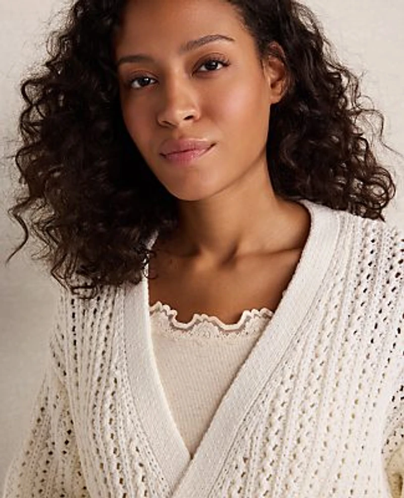 Ann Taylor Haven Well Within Textured Cotton Blend Belted Cardigan Ivory Women's