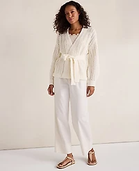 Ann Taylor Haven Well Within Textured Cotton Blend Belted Cardigan Ivory Women's
