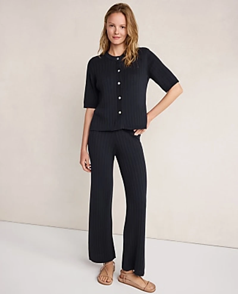 Ann Taylor Haven Well Within Organic Cotton Ribbed Short Sleeve Sweater Nightfall Wash Women's