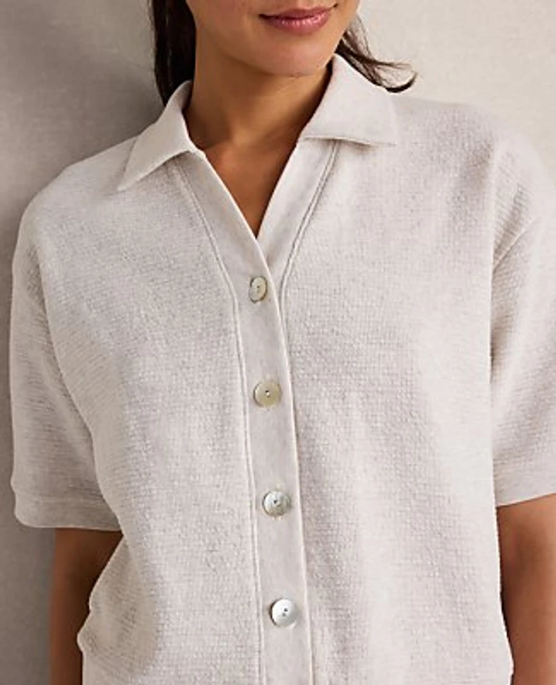 Ann Taylor Haven Well Within Ottoman Rib Button Front Top Light Oak Heather Women's