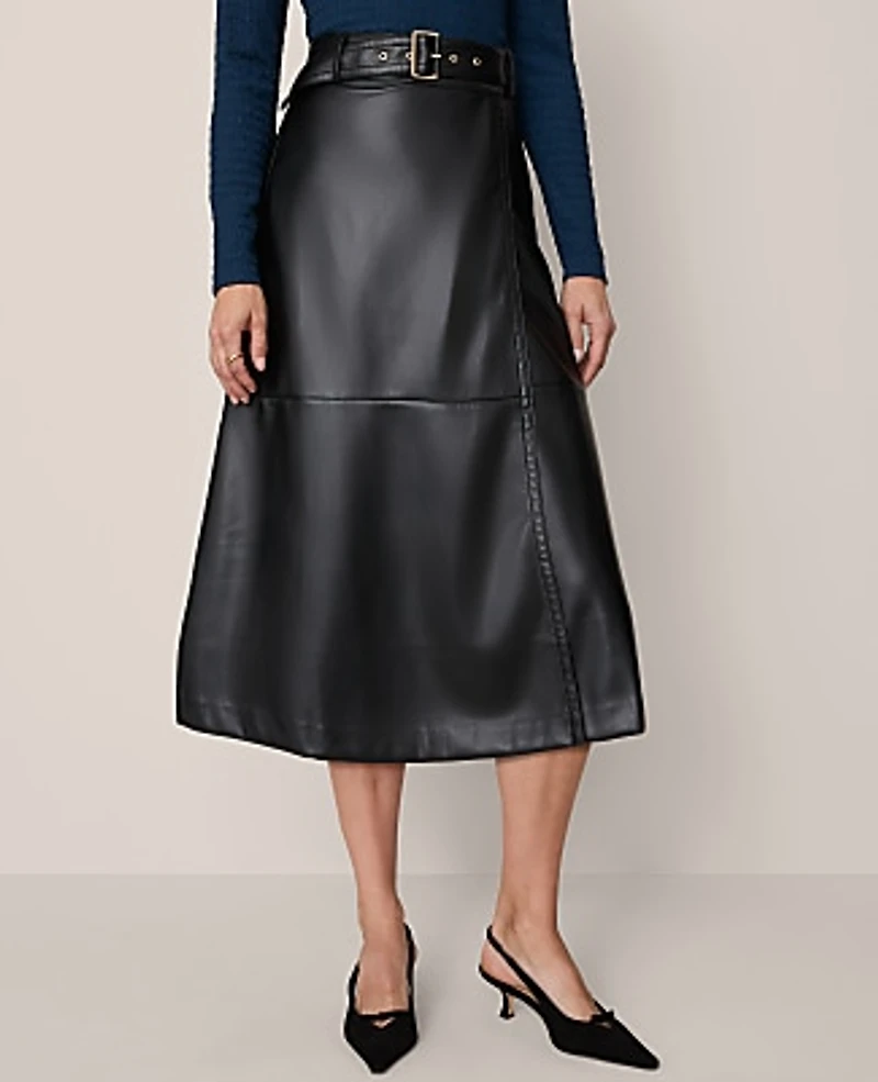 Ann Taylor Faux Leather Belted Wrap Skirt Black Women's