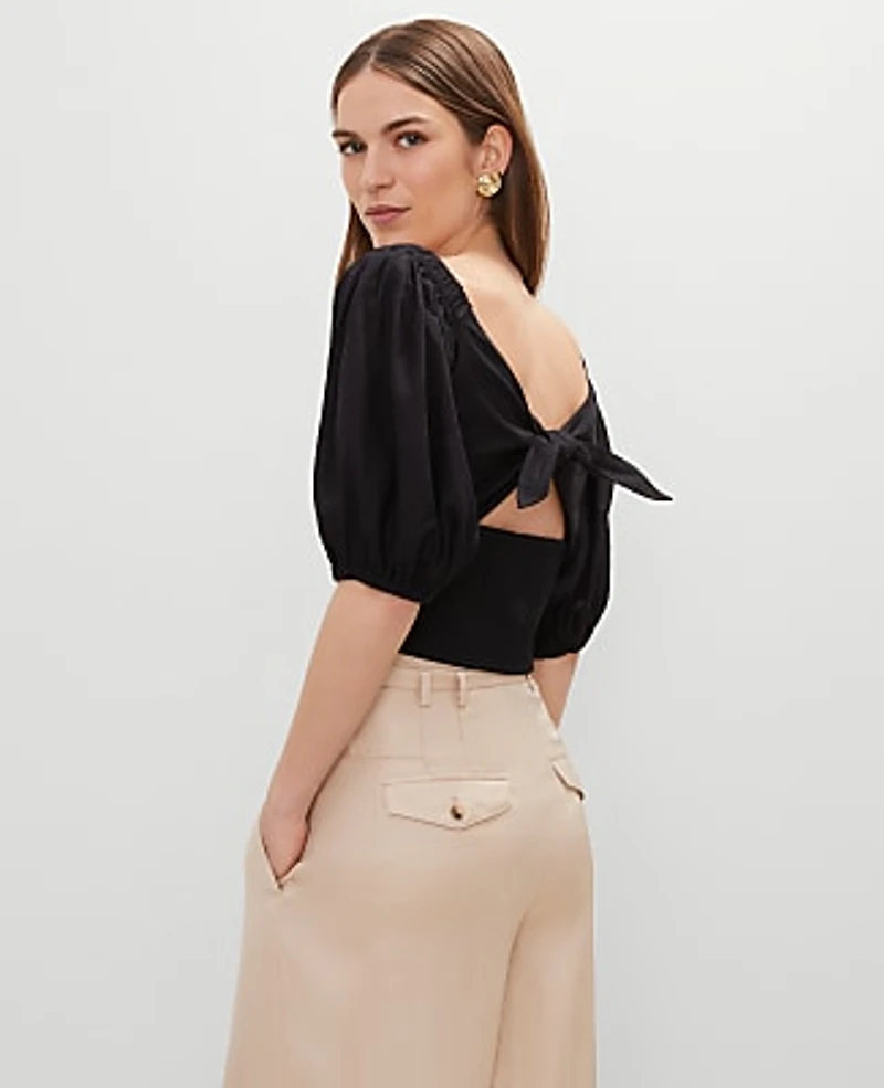 Ann Taylor Linen Blend Knotted Tie Back Blouse Size Small Black Women's