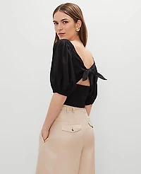 Ann Taylor Linen Blend Knotted Tie Back Blouse Size Small Black Women's