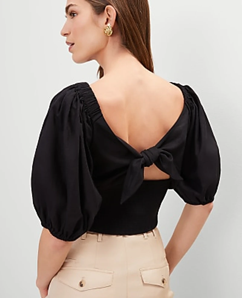 Ann Taylor Linen Blend Knotted Tie Back Blouse Size Small Black Women's