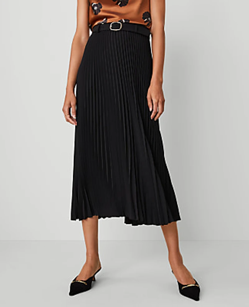 Ann Taylor Belted Pleated Midi Skirt Black Women's