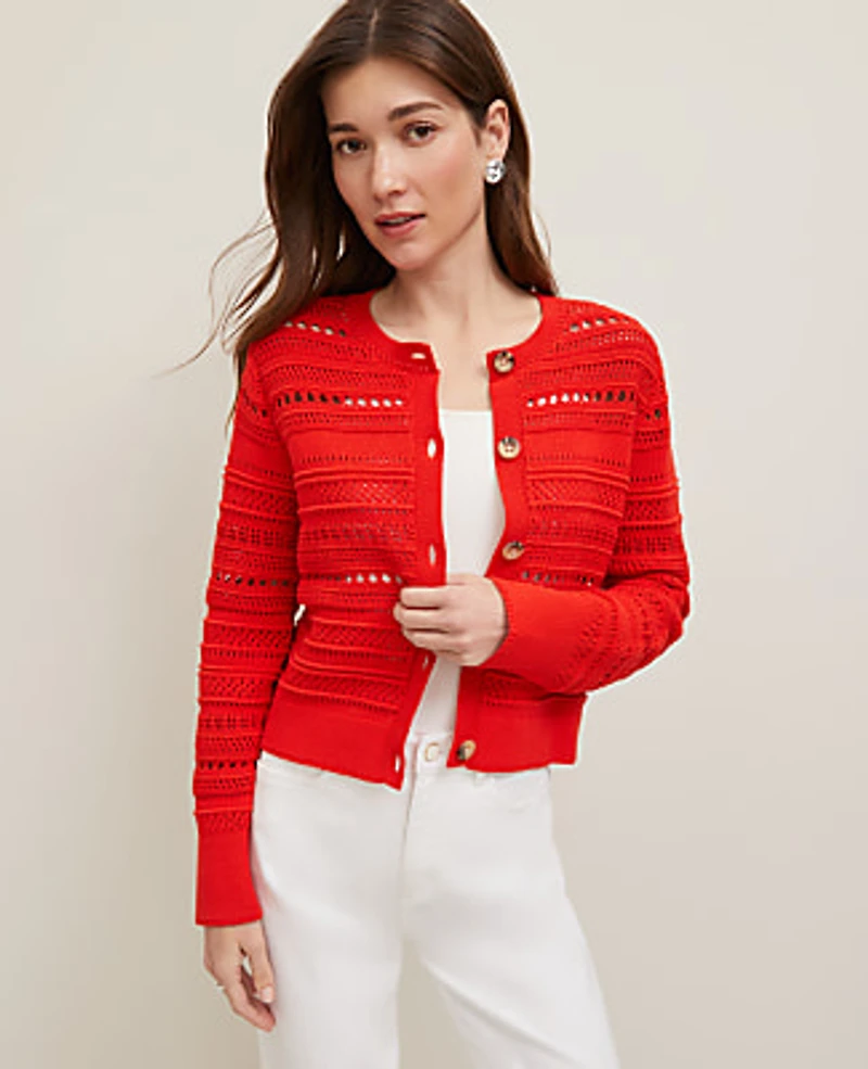 Ann Taylor Pointelle Textured Cardigan Fiery Red Women's