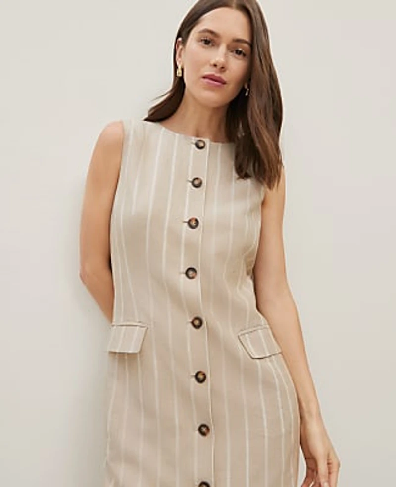 Ann Taylor The Button Pocket Shift Dress Pinstripe Sandstorm Women's
