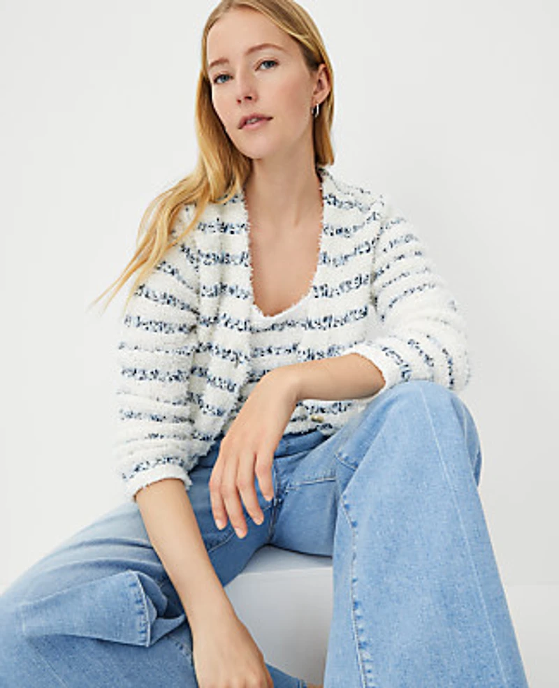 Ann Taylor Petite Tweedy V-Neck Sweater Jacket White Multi Women's