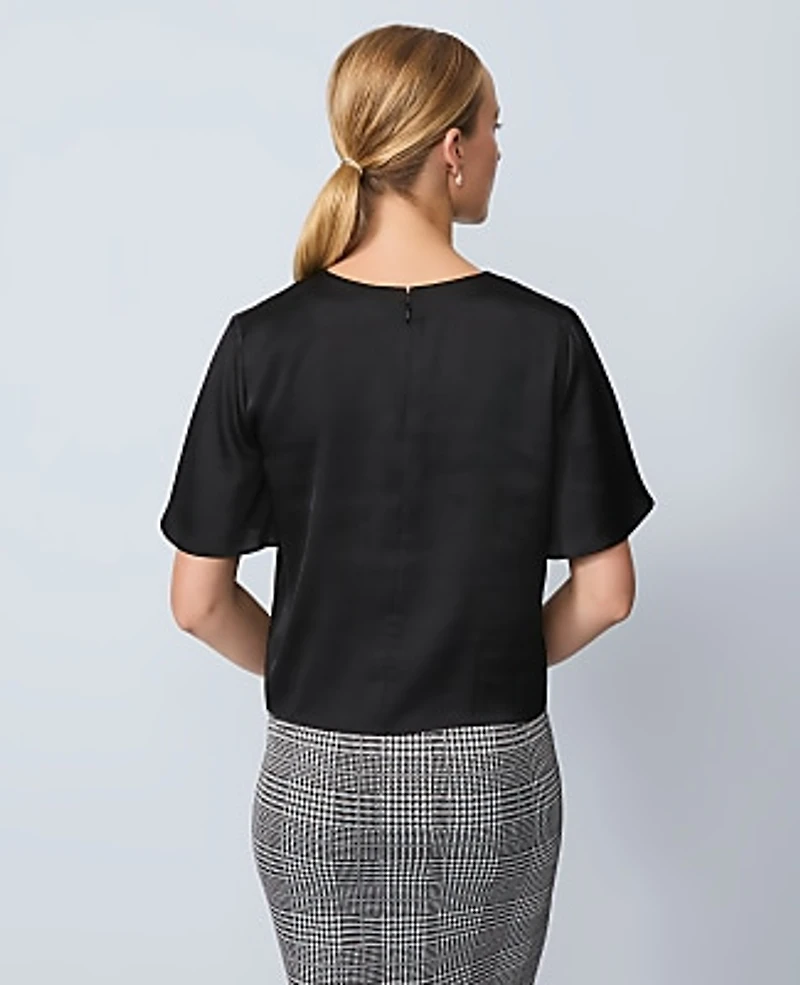 Ann Taylor Satin Flutter Sleeve Top Black Women's