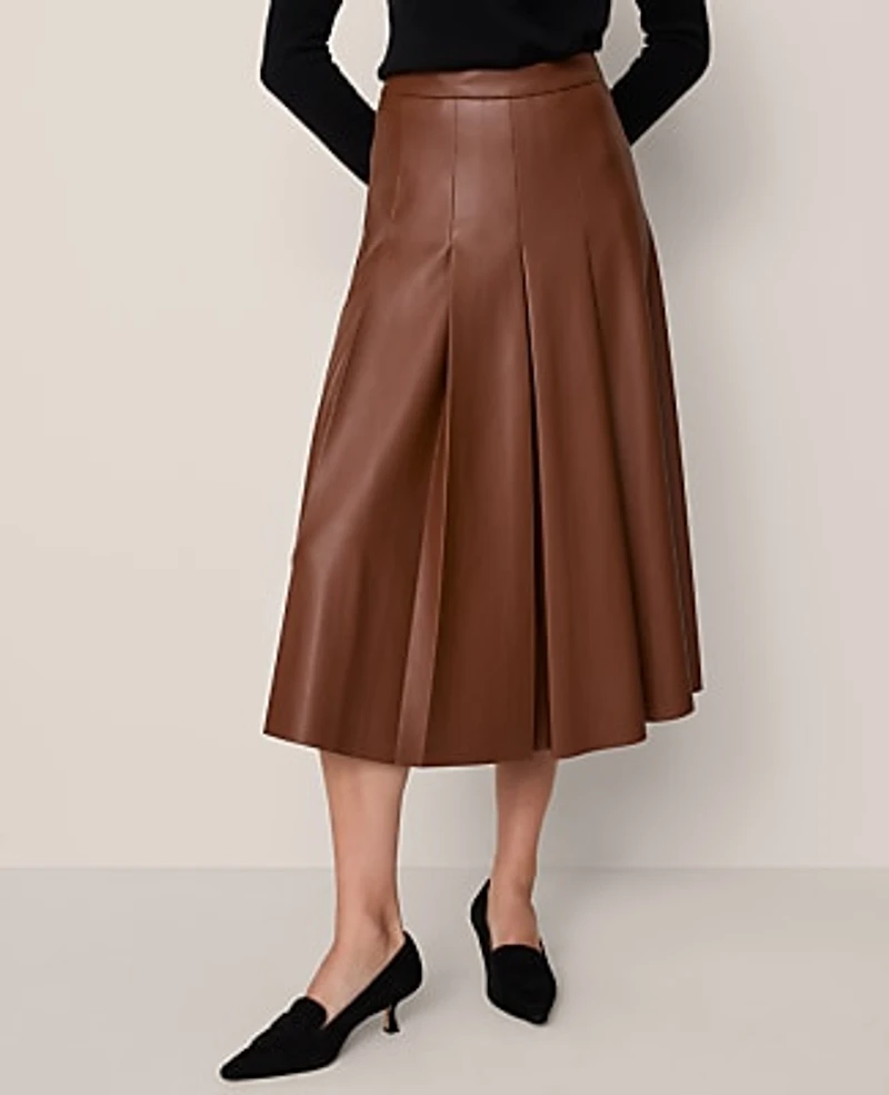 Ann Taylor Faux Leather Pleated Midi Skirt Midnight Mahogany Women's