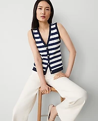 Ann Taylor Striped V-Neck Vest Night Sky Women's