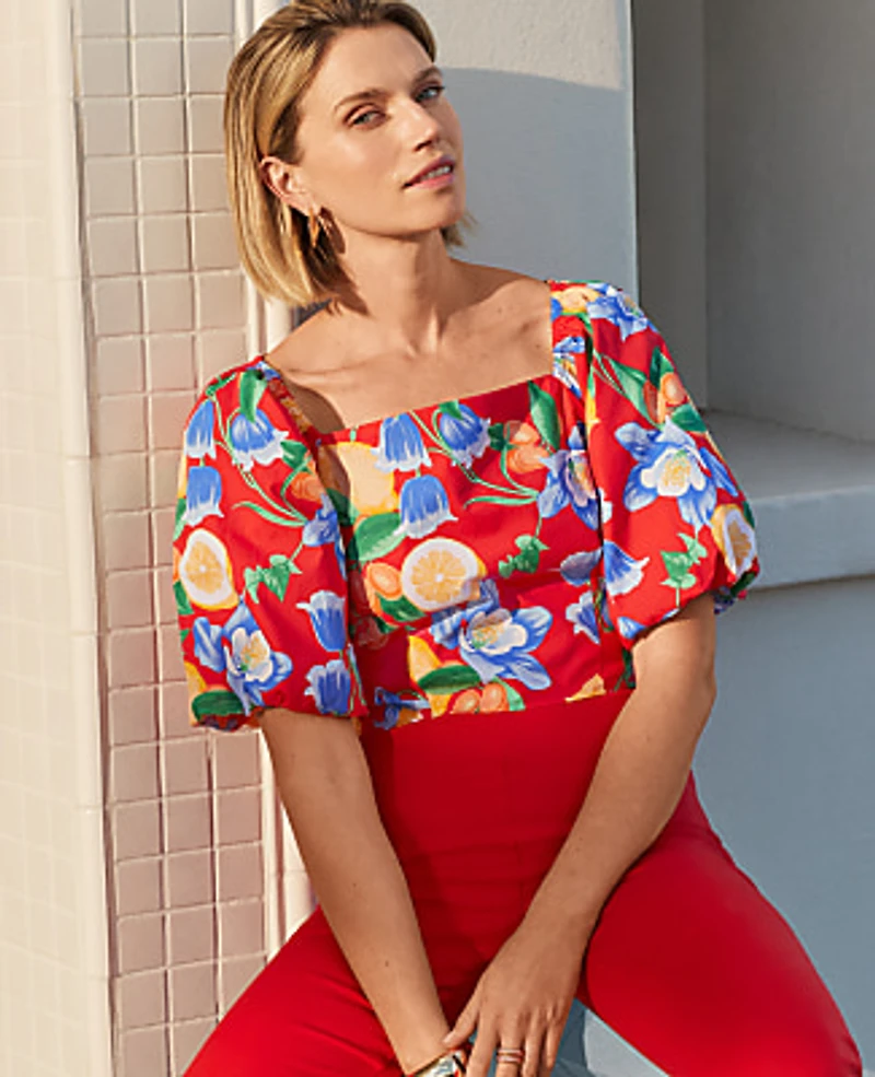 Ann Taylor Floral Puff Sleeve Blouse Bright Cherry Women's