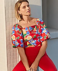 Ann Taylor Floral Puff Sleeve Blouse Bright Cherry Women's