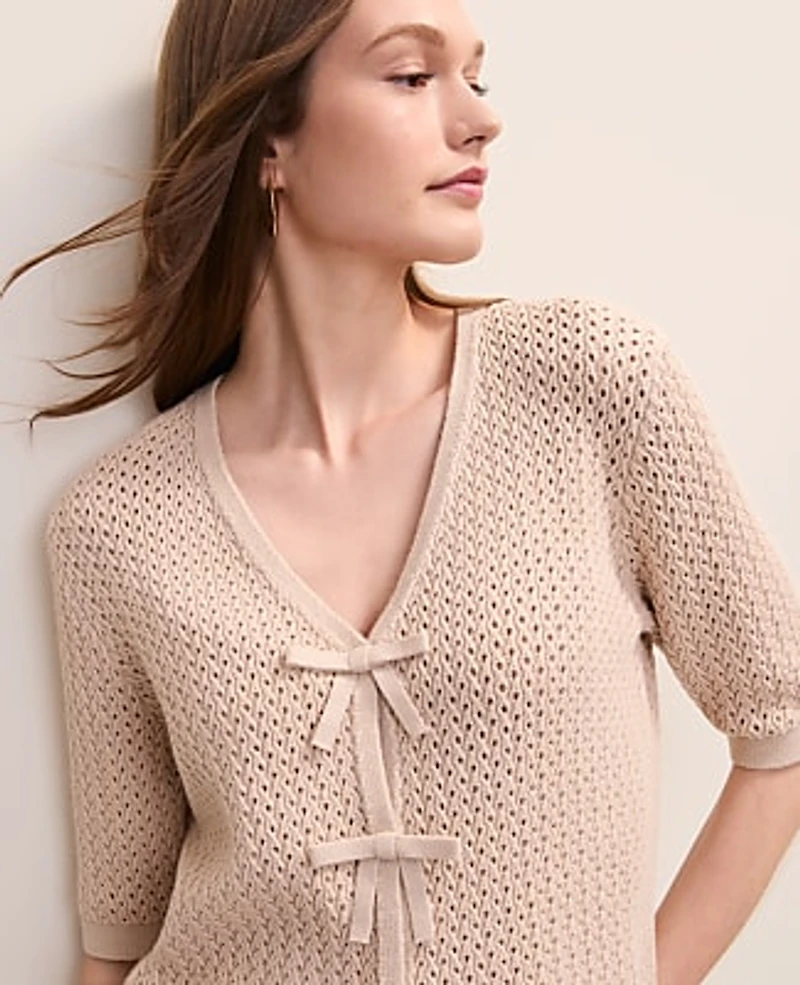 Ann Taylor Textured Stitch Bow Cardigan Women's
