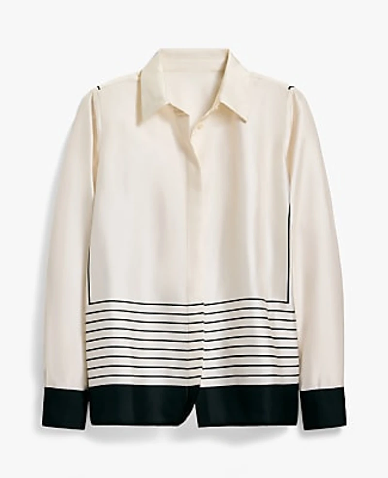 Ann Taylor Striped Satin Modern Shirt Winter White Women's