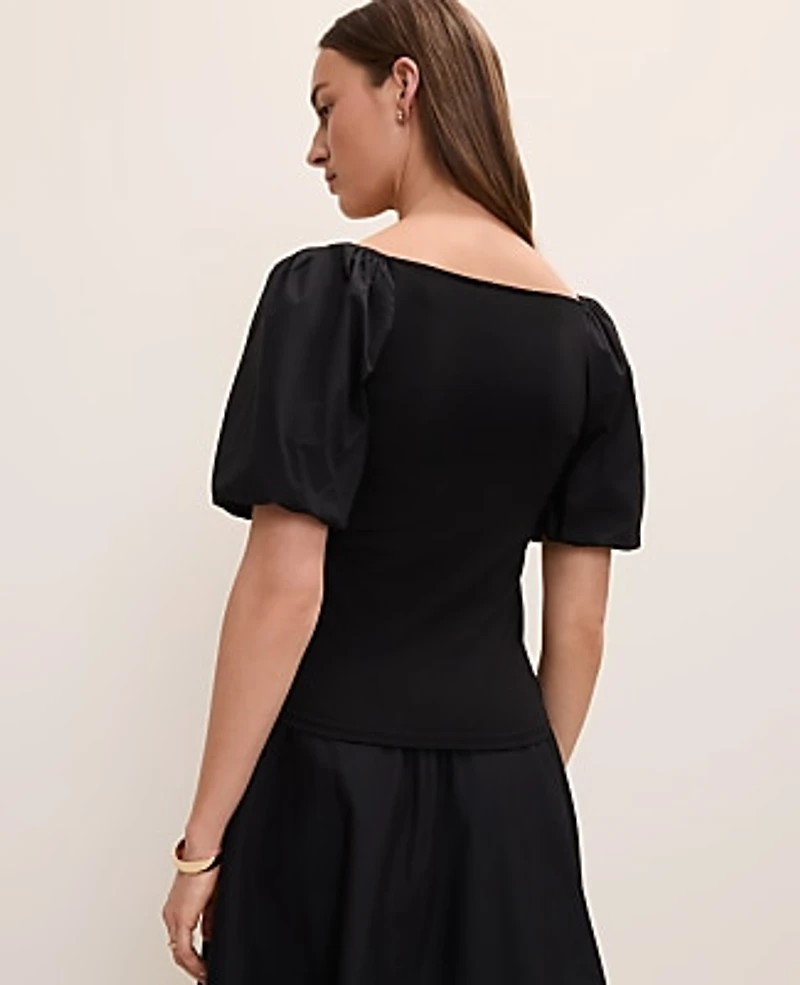 Ann Taylor Mixed Media Puff Sleeve Top Black Women's