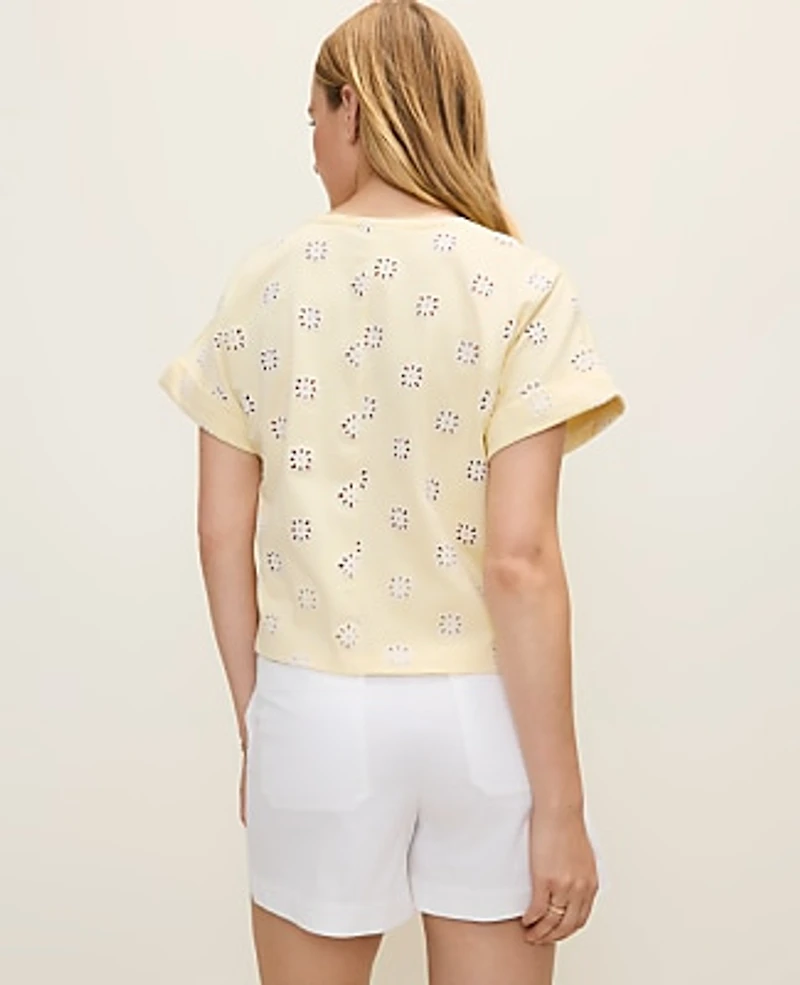 Ann Taylor Weekend Eyelet Crew Neck Top Yellow Pavlova Women's