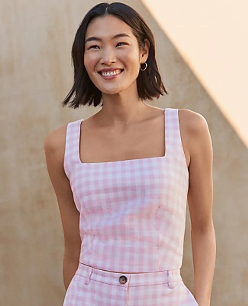 Ann Taylor Gingham Linen Blend Tank Top Vibrant Pink Women's
