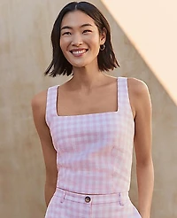 Ann Taylor Gingham Linen Blend Tank Top Vibrant Pink Women's