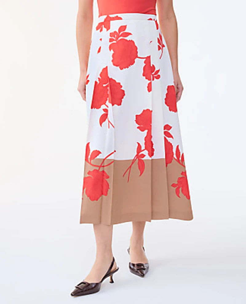 Ann Taylor Petite Floral Satin Pleated Skirt Fiery Sunset Women's