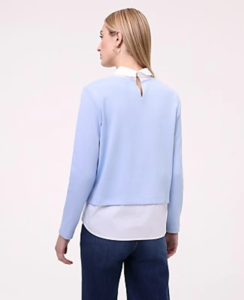 Ann Taylor Petite Weekend Layered Mix Media Top Size 2XS Cashmere Blue Women's