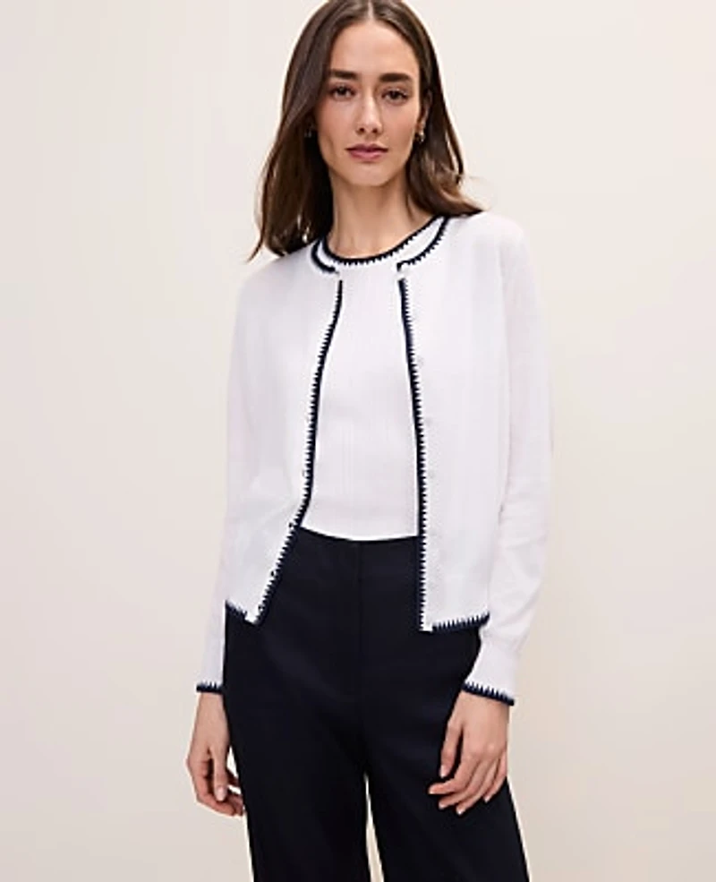 Ann Taylor Tipped Cardigan White/Black Multi Women's